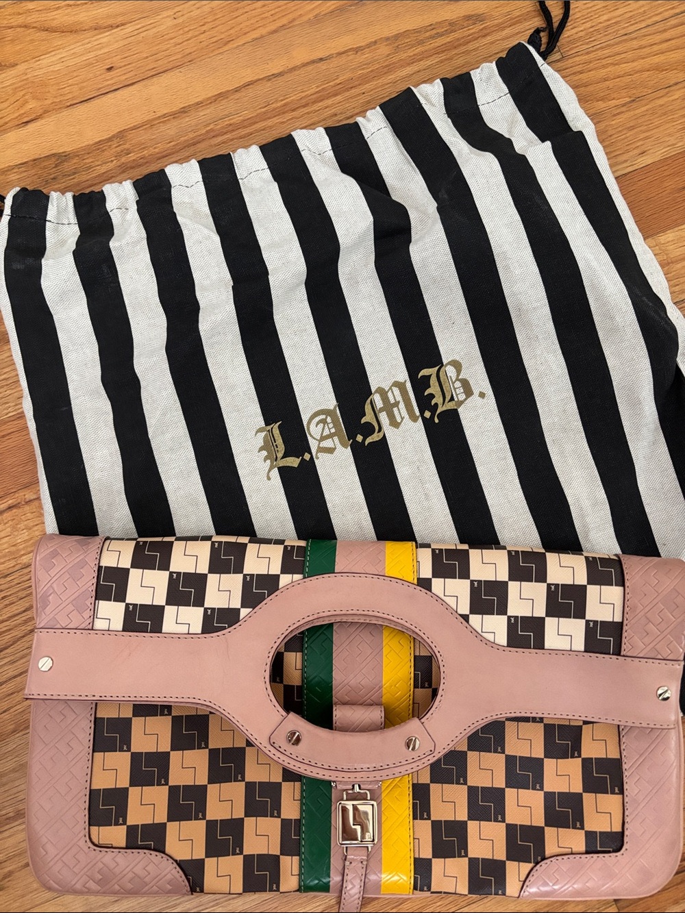 L.A.M.B. Pink Multicolor Geometric Leather Clutch with Striped Accents